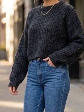 OAK + FORT Charcoal Cropped Crew Sweater